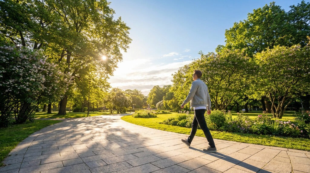 Un homme marche paisiblement sur un chemin pavé dans un grand parc verdoyant et ensoleillé, symbolisant le bien-être et la nature.