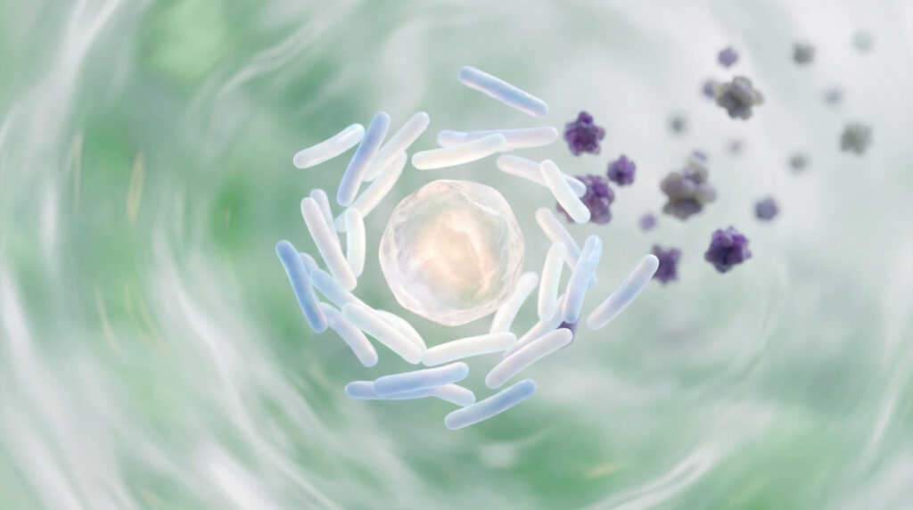 Illustration 3D de bactéries probiotiques (bâtonnets bleus) protégeant une cellule centrale contre des agents pathogènes violets.
