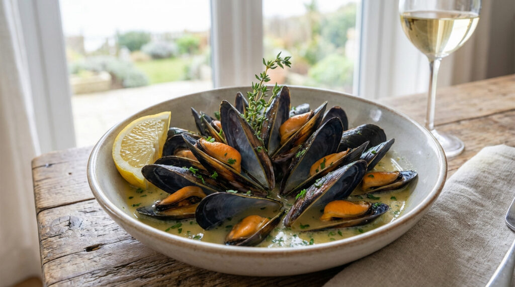 Bol de moules cuites à la sauce crémeuse, garni de citron et thym, sur une table en bois avec un verre de vin blanc.