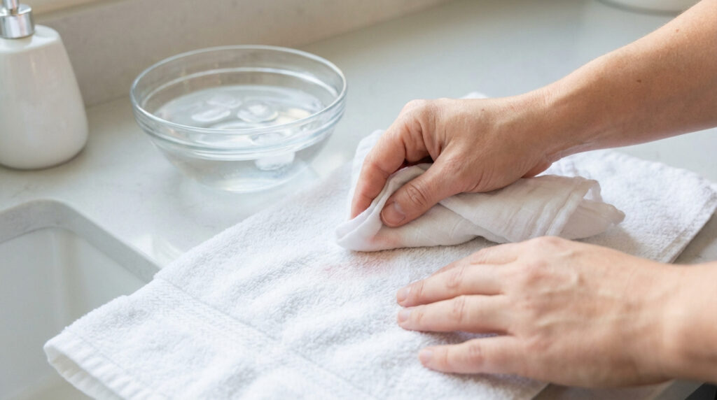 Une personne nettoie une petite tache de sang rouge sur une serviette blanche avec un chiffon et de l'eau froide dans un bol.