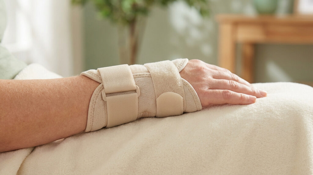 Gros plan : main avec attelle de poignet beige, posée sur un plaid doux. Confort et maintien pour le kyste ganglionnaire.