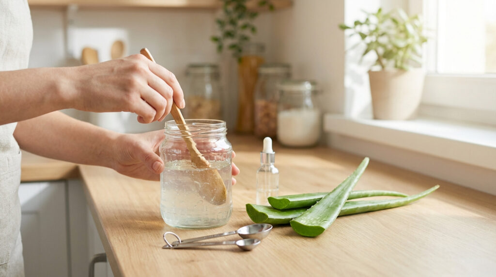 Mains mélangeant du gel d'aloe vera dans un bocal en verre sur un comptoir en bois. Feuilles d'aloe vera et ustensiles sont à côté.