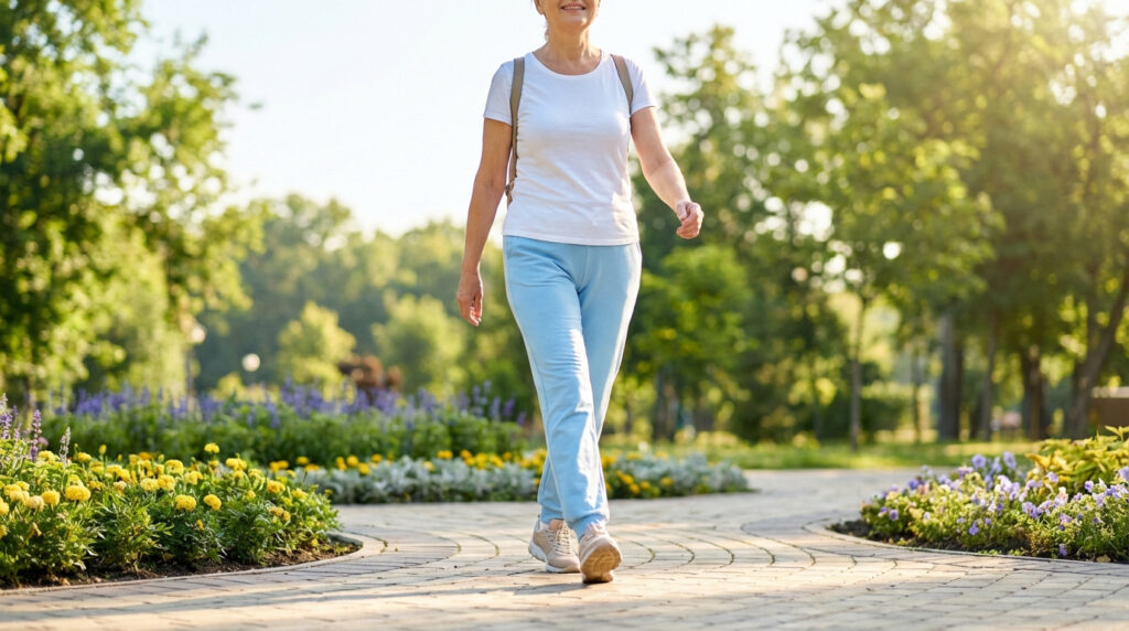 Femme souriante d'âge mûr marchant dans un parc verdoyant et fleuri, vêtue confortablement, symbolisant la marche douce.