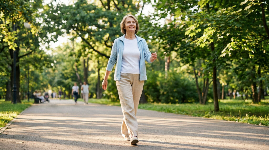 Femme souriante d'âge mûr marchant seule sur un chemin ensoleillé dans un parc arboré, symbolisant la mobilité retrouvée.
