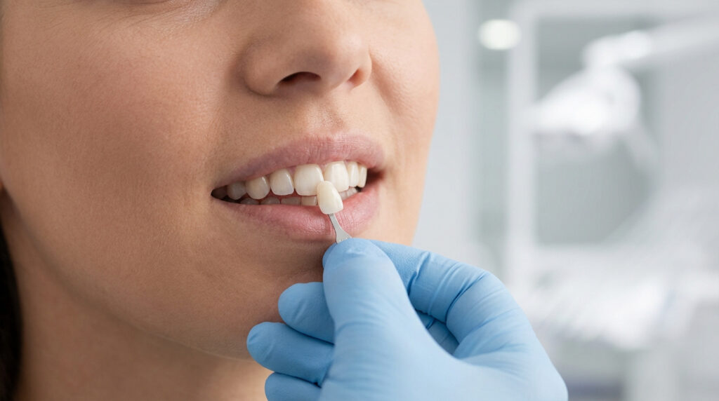 Gros plan sur un dentiste ganté comparant une facette dentaire à la bouche d'une patiente pour choisir la teinte adéquate.