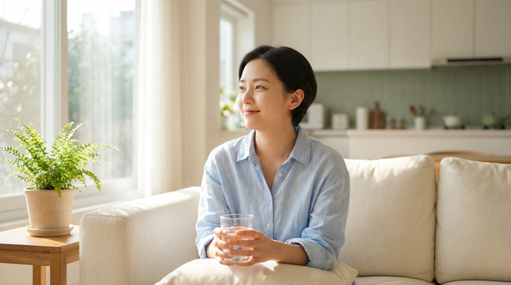 Jeune femme sereine buvant de l'eau sur un canapé, devant une fenêtre ensoleillée. Scène de réconfort et d'hydratation.