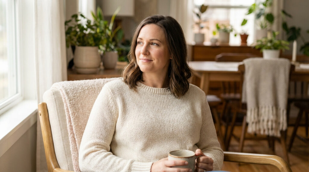 Femme souriante assise dans un fauteuil clair, tenant une tasse, regardant par la fenêtre, dans un intérieur chaleureux et lumineux.