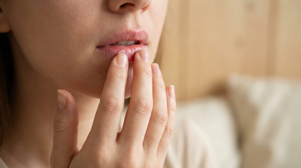 Une personne aux lèvres irritées applique un baume pour soulager la douleur et favoriser la guérison.