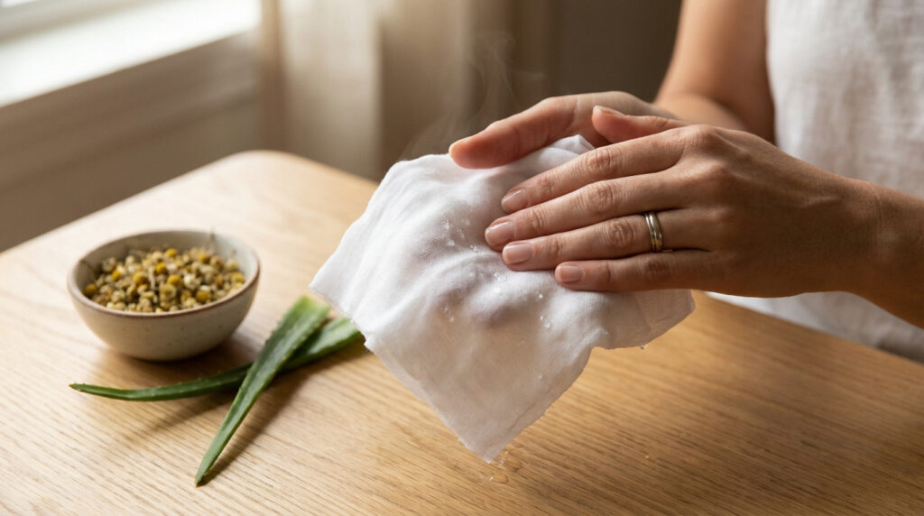 Mains tenant une compresse chaude fumante, à côté de camomille et d'aloe vera sur une table en bois. Traitement naturel.