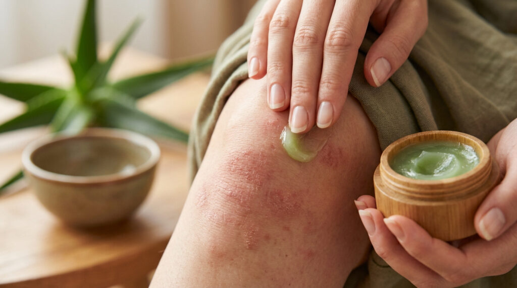 Gros plan sur une main appliquant une crème apaisante sur un genou avec de l'eczéma. Pot de crème et plante d'aloès visibles.
