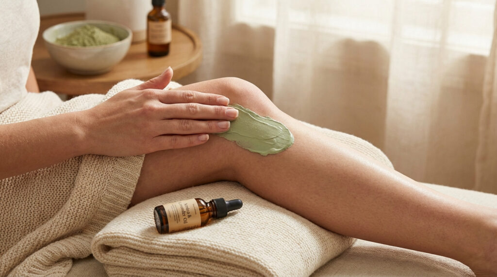 Main appliquant une pâte verte sur un genou, avec une bouteille d'huile d'Arnica et Lavande et un bol de poudre verte en fond.