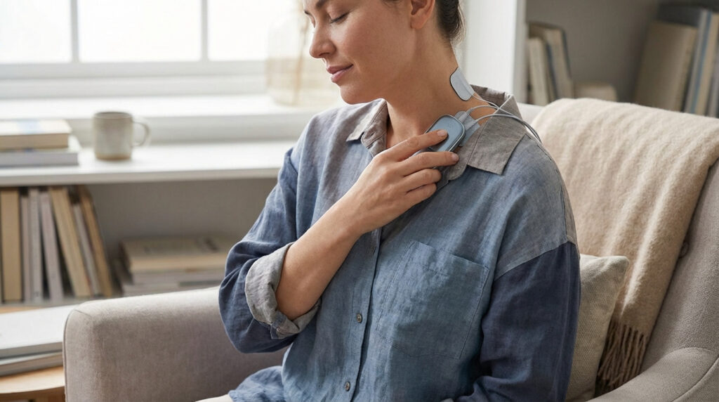 Femme aux yeux fermés avec des électrodes et un appareil d'électrostimulation sur le cou, assise dans un fauteuil.