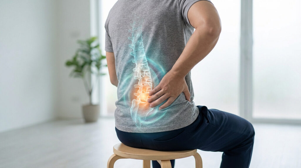 Homme assis tenant son bas du dos, avec une colonne vertébrale lumineuse et une zone de douleur orange, illustrant un pincement discal.