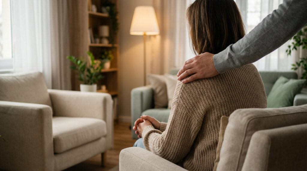 Femme assise de dos, les mains jointes, réconfortée par une main sur son épaule. Scène de soutien émotionnel dans un salon.