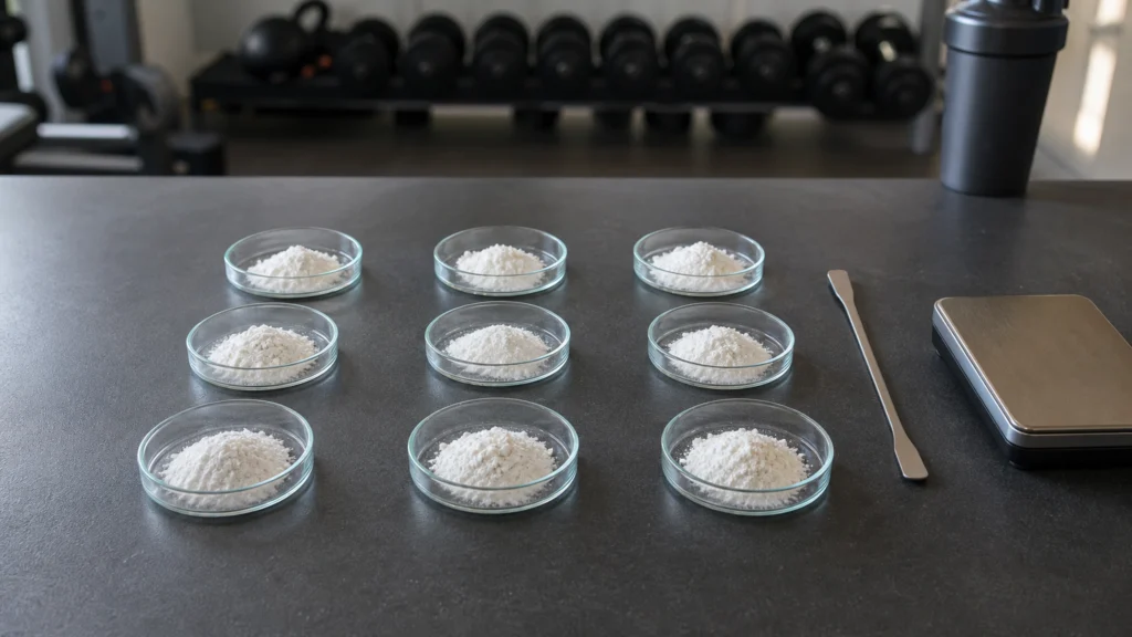 Neuf échantillons de créatine monohydrate disposés pour un comparatif