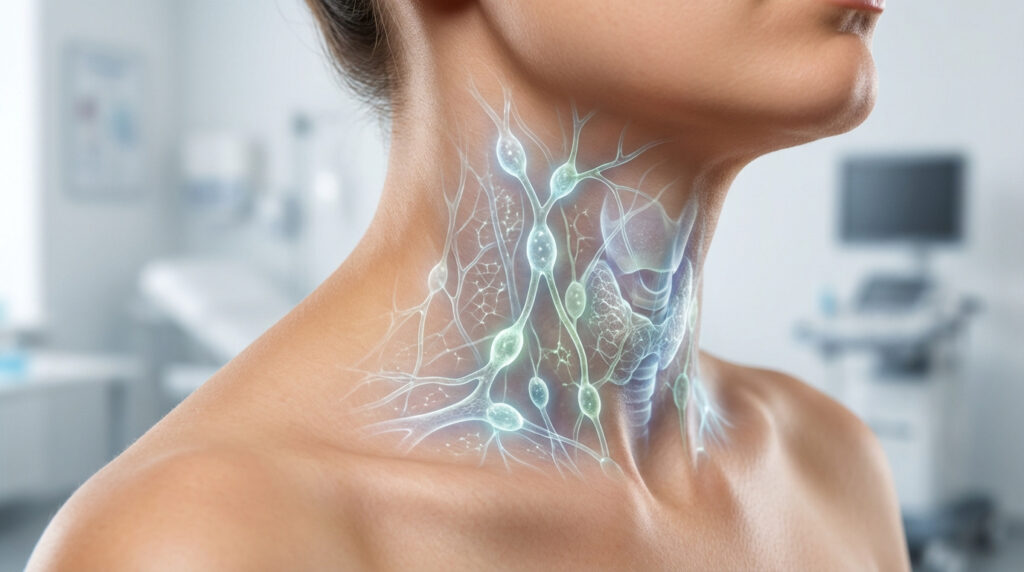 Représentation du système lymphatique cervical sur le cou d'une personne, avec des ganglions lumineux, dans un environnement médical.