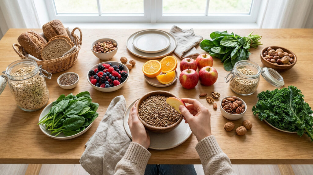 Table en bois garnie d'aliments riches en fibres : pain complet, fruits rouges, légumes verts, lentilles, noix, céréales. Mains avec pomme et lentilles.