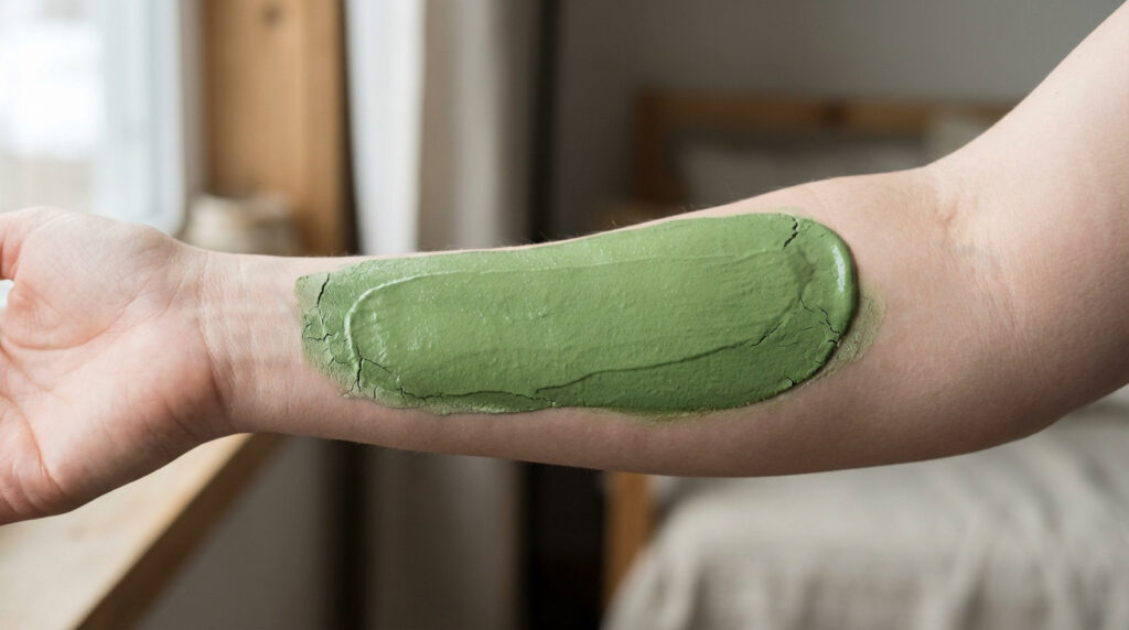 Gros plan sur un avant-bras avec un cataplasme d'argile verte appliqué, partiellement sec et fissuré, en intérieur.