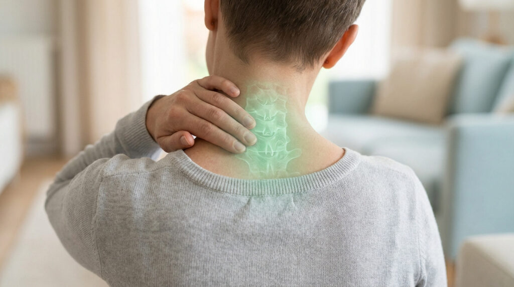 Vue de dos d'une personne se touchant le cou. Des vertèbres cervicales C4-C5 sont superposées en vert, symbolisant la douleur.