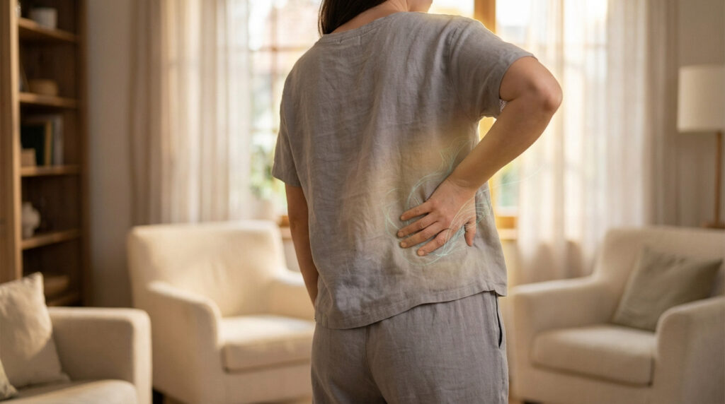 Une femme, vue de dos, se tient le bas du dos avec une main. Des effets lumineux symbolisent la douleur lombaire et la névralgie.