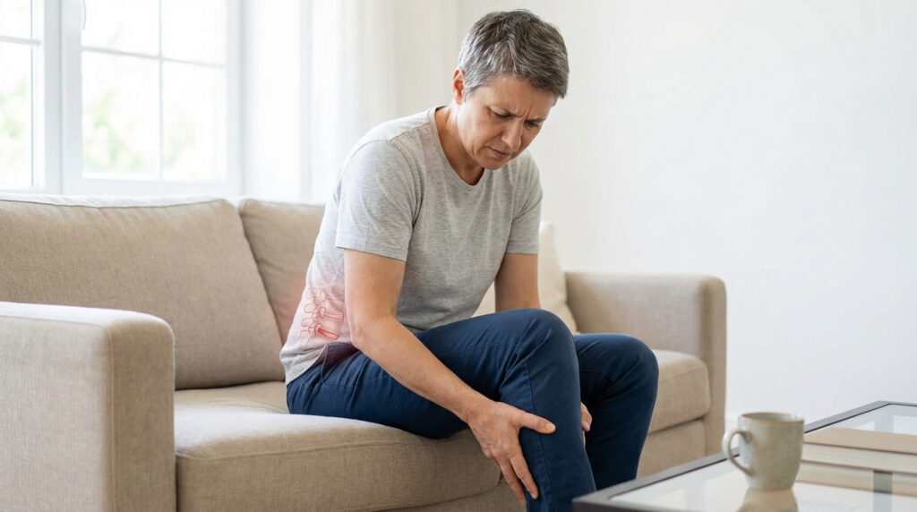 Une femme souffrant de douleur lombaire et sciatique, s'agrippant la jambe, avec illustration de hernie discale.