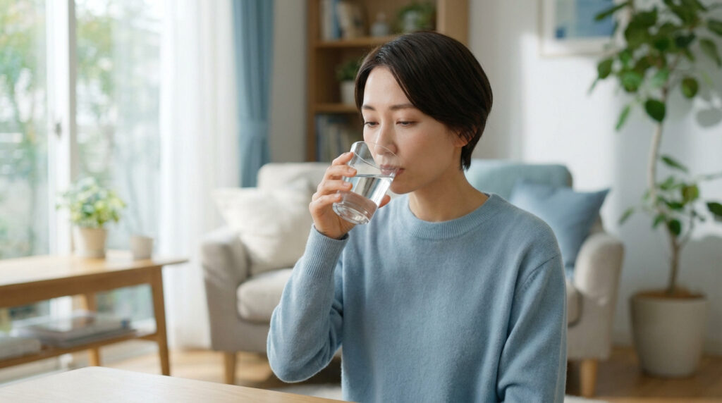 Femme asiatique aux cheveux courts buvant un verre d'eau, illustrant l'importance de l'hydratation face aux symptômes de l'entérite.