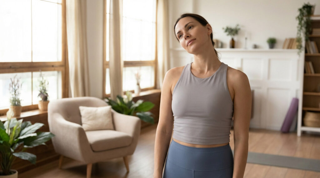 Jeune femme en tenue de sport étirant son cou dans un salon lumineux. Détente et bien-être à domicile pour la nuque.