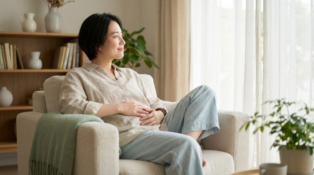 Jeune femme souriante, les mains sur son ventre, assise dans un fauteuil devant une fenêtre lumineuse, symbolisant le bien-être après des ballonnements.