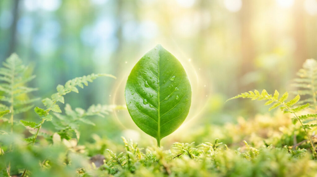 Une feuille verte vibrante et couverte de rosée, entourée d'une douce lueur dorée, émerge d'un tapis de mousse forestière.