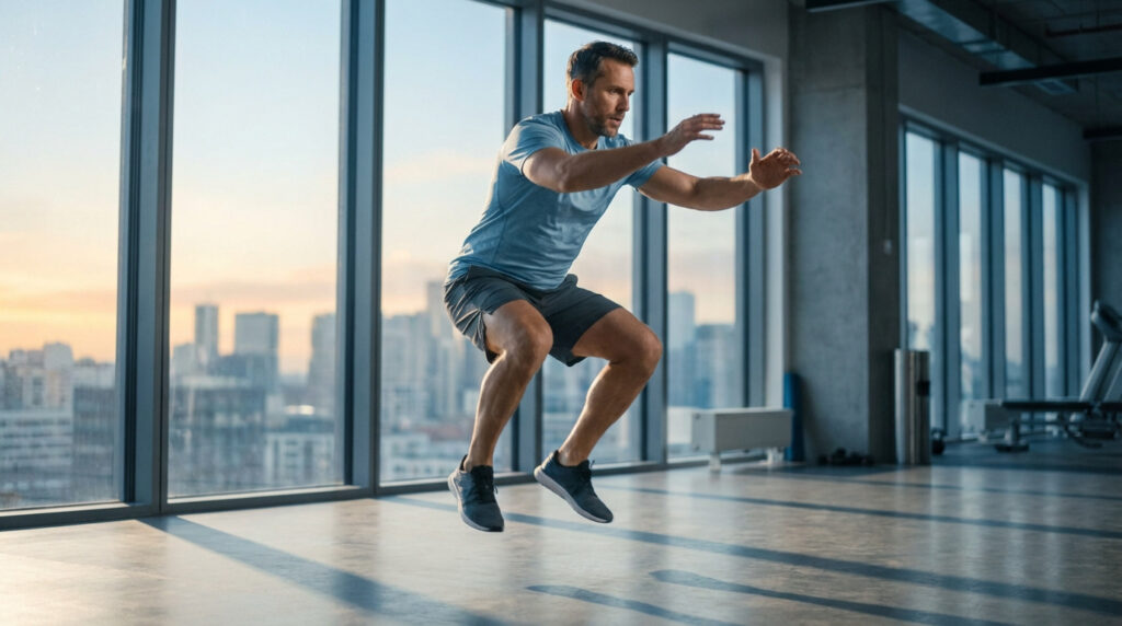 Un homme athlétique effectue un squat sauté intense dans une salle de sport moderne avec vue sur la ville au lever du soleil.