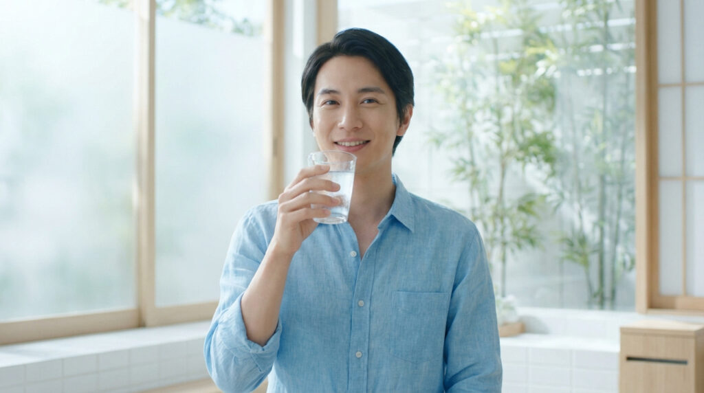 Un homme asiatique souriant en chemise bleue tient un verre d'eau. Il est dans un intérieur lumineux avec des plantes de bambou.