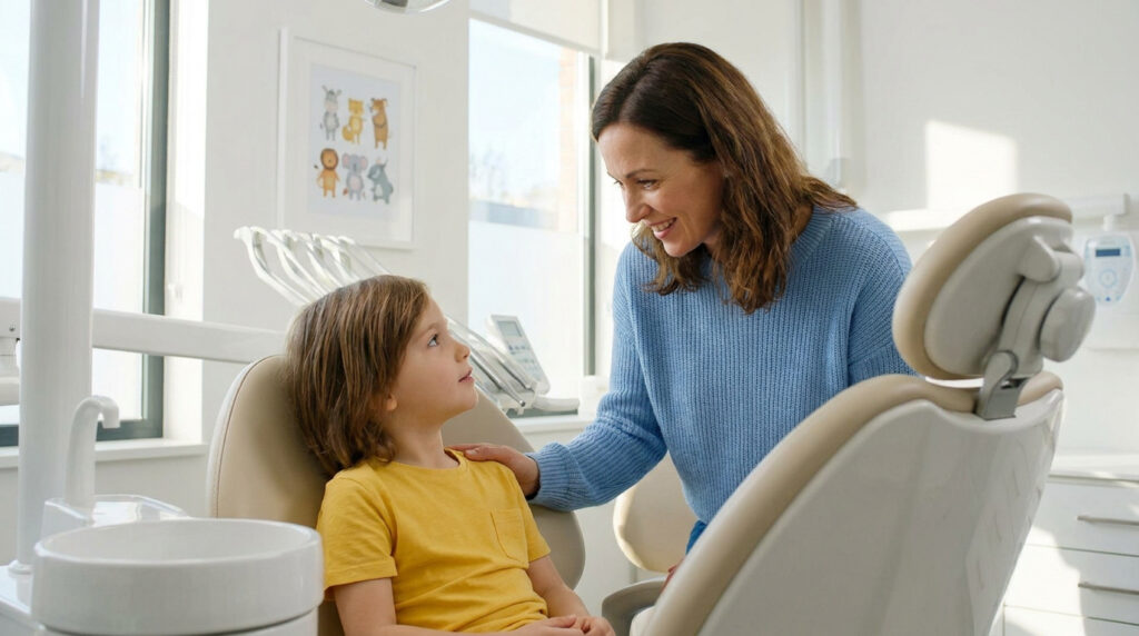 Une mère souriante réconforte son enfant assis sur le fauteuil dentaire d'un cabinet moderne et lumineux.