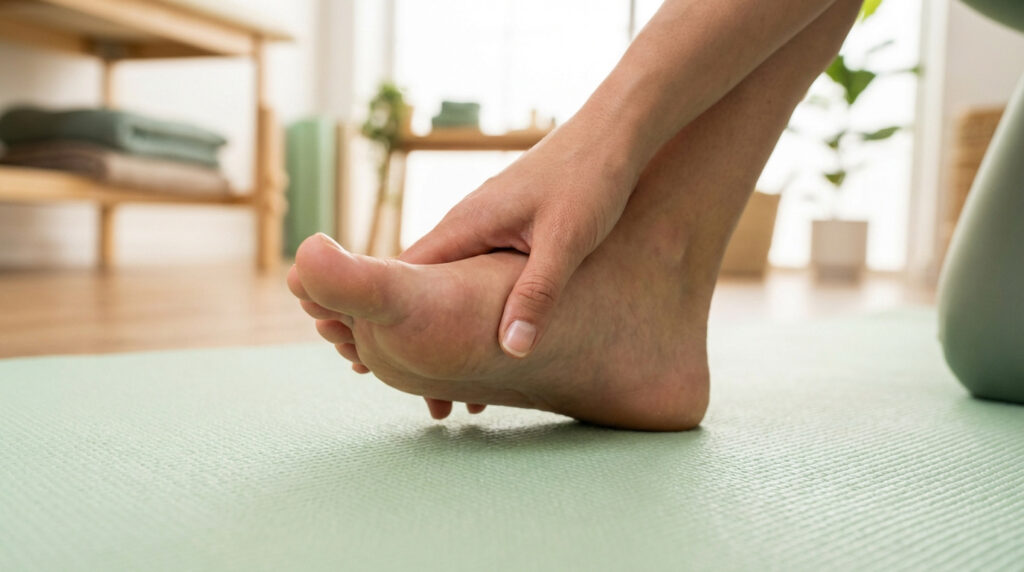 Main massant un pied sur un tapis de yoga vert, évoquant la rééducation ou le soulagement après une arthrodèse de l'orteil.