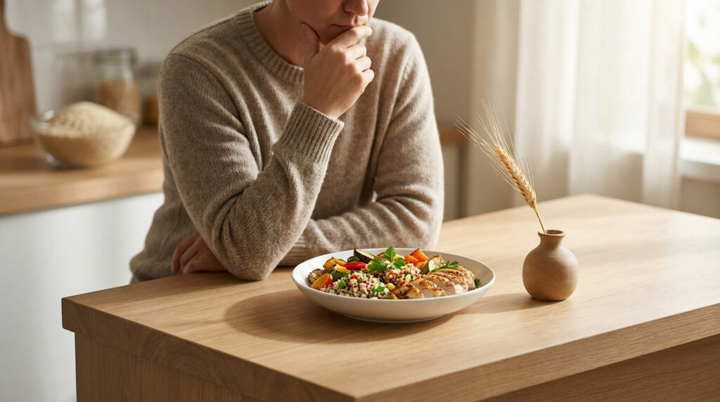 Personne pensive devant un repas sain (poulet, quinoa, légumes). Épi de blé sur la table, évoquant le gluten.
