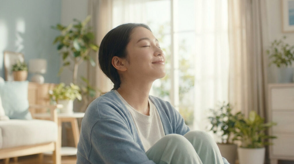 Jeune femme souriante, les yeux fermés, prend une profonde inspiration, exprimant soulagement et bien-être dans un intérieur lumineux.