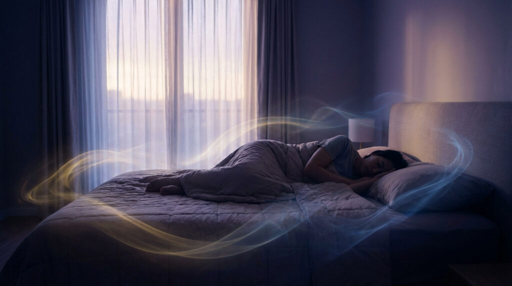 Personne endormie dans un lit, obscurité ambiante avec des volutes lumineuses symbolisant la paralysie du sommeil.