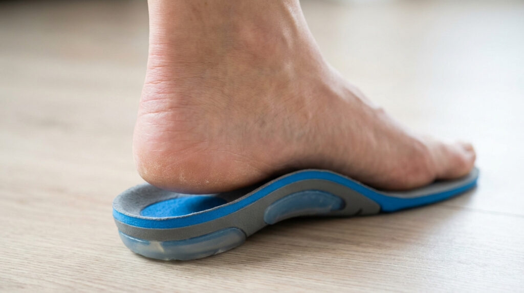 Gros plan sur un pied posé sur une semelle orthopédique bleue et grise, mettant en évidence le soutien.