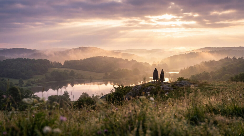 Paysage de brume au lever du soleil avec deux figures contemplatives au-dessus d'un lac.