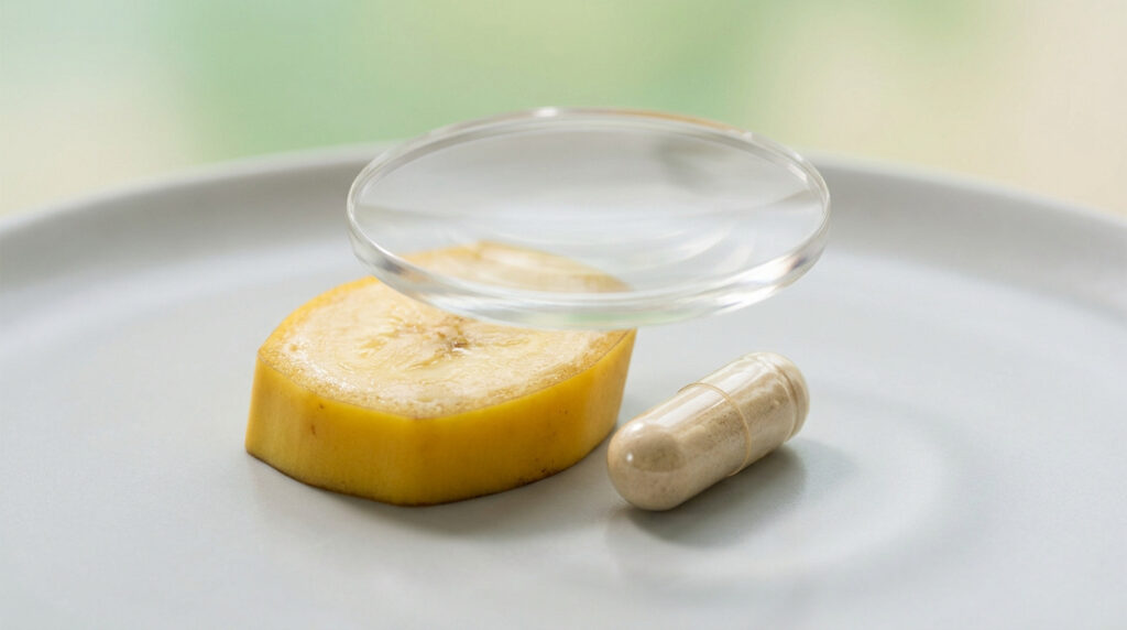Tranche de banane, gélule de complément alimentaire et coupelle vide sur une assiette grise, évoquant sources minérales.