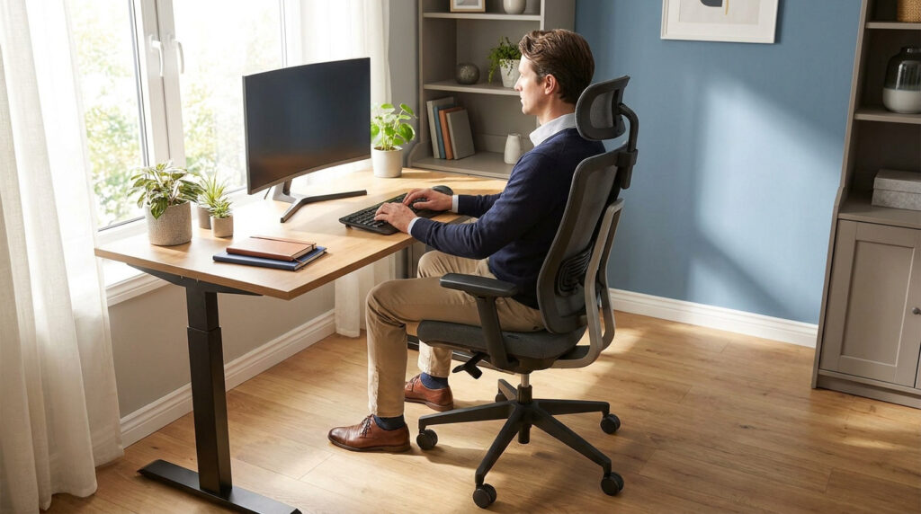 Homme travaillant sur un ordinateur à un bureau assis-debout et une chaise ergonomique, près d'une fenêtre lumineuse.
