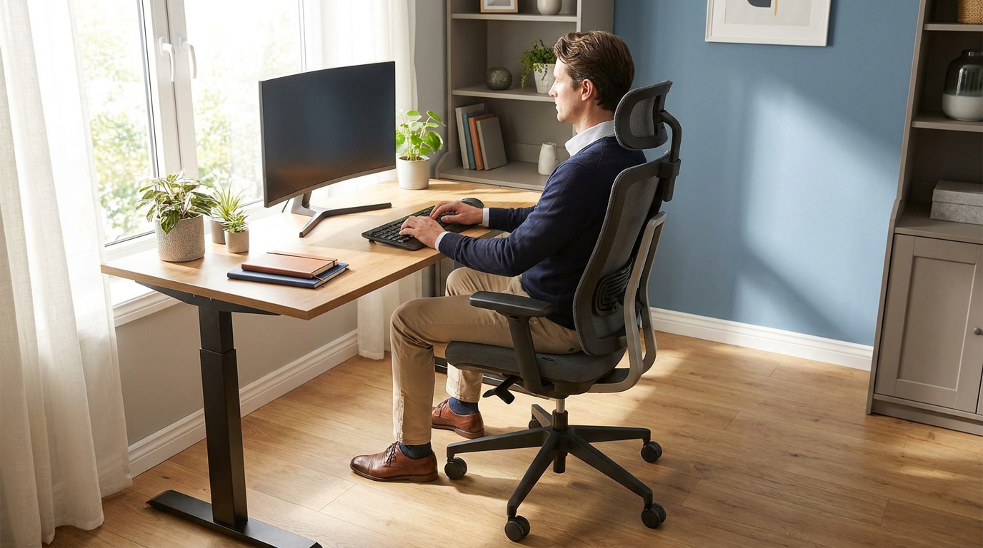 Homme travaillant sur un ordinateur à un bureau assis-debout et une chaise ergonomique, près d'une fenêtre lumineuse.