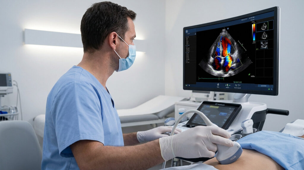 Médecin en blouse bleue et masque, effectuant une échocardiographie sur un patient. L'image cardiaque s'affiche à l'écran.