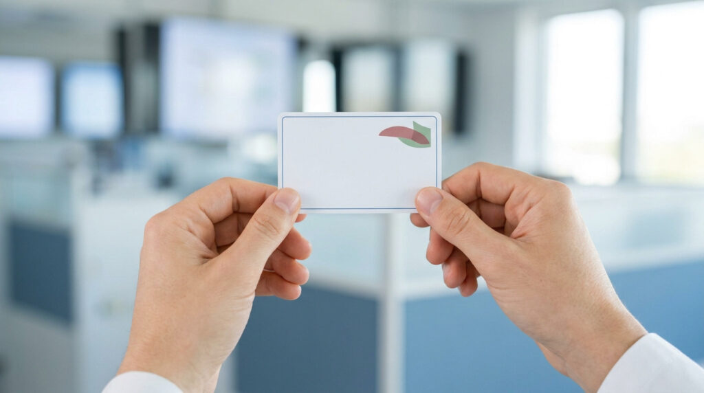 Deux mains tiennent une carte blanche rectangulaire avec un motif abstrait vert et rouge. L'arrière-plan est flou.