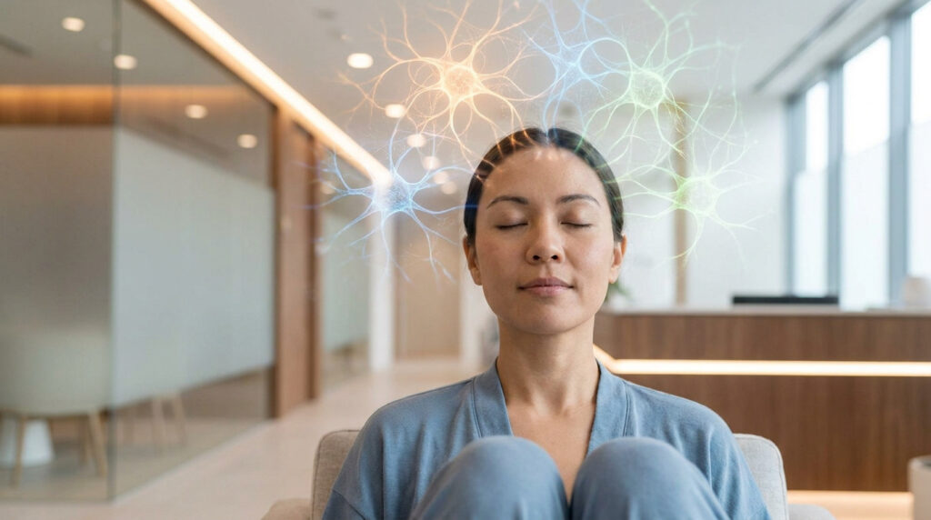 Femme méditant, des neurones lumineux flottant au-dessus de sa tête, symbolisant la fonction cérébrale.