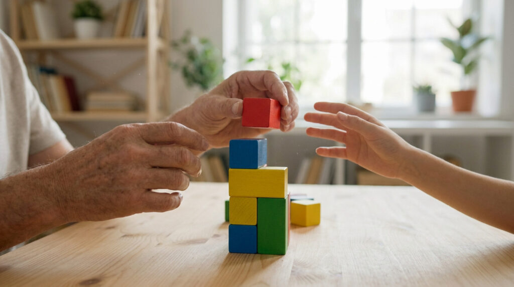 Gros plan sur deux paires de mains construisant une tour de blocs colorés sur une table en bois, en lumière naturelle.