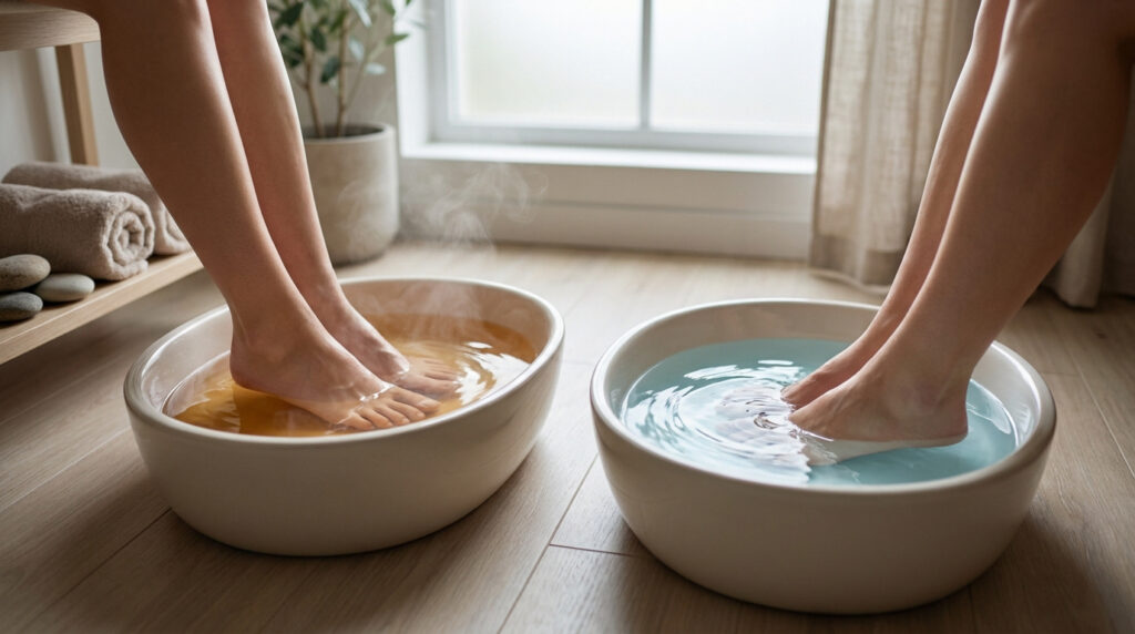 Pieds dans deux bains : un chaud avec vapeur, l'autre froid. Représente un bain écossais pour la circulation sanguine.