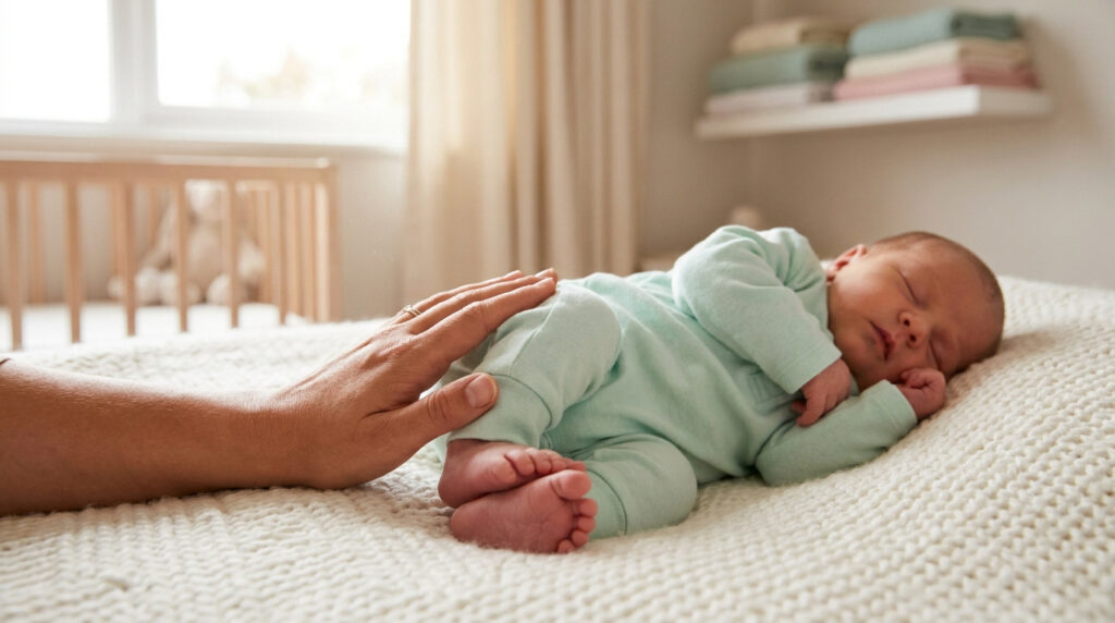 Nouveau-né en pyjama vert menthe, dormant paisiblement sur une couverture blanche texturée, une main adulte posée sur lui.