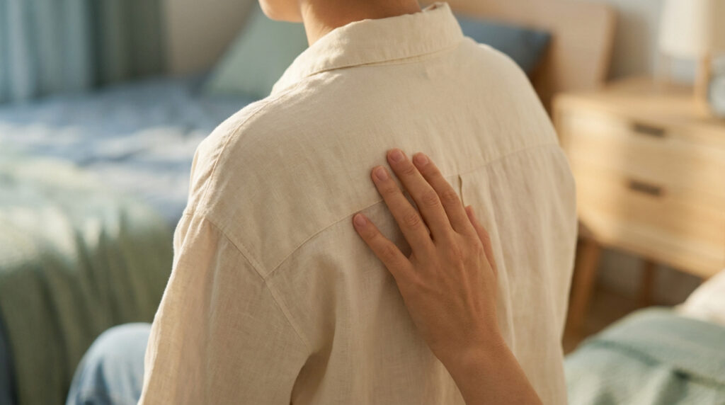 Gros plan d'une main posée doucement sur le haut du dos d'une personne en chemise claire, évoquant soulagement et soin.
