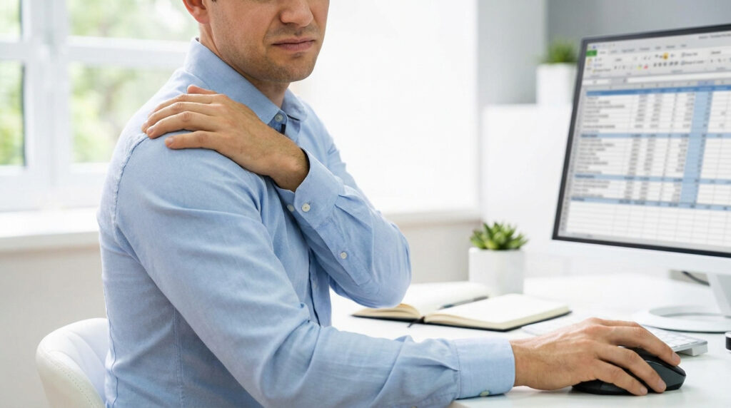 Homme en chemise bleue souffrant d'une douleur à l'épaule droite en utilisant une souris d'ordinateur, devant un écran.