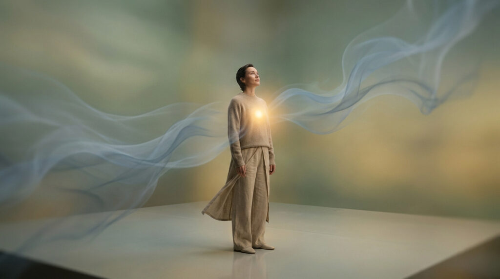 Une femme sereine avec une lumière au cœur, symbolisant l'énergie vitale et l'écoute attentive du corps et de ses messages.